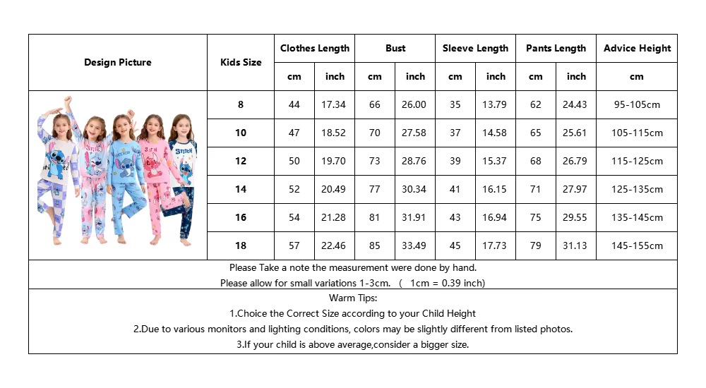 velikostni tabulka pyzamo stitch